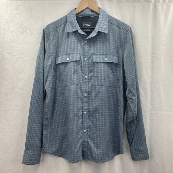 Prana Shirt Mens Small Blue Plaid Button Up Camp Fishing Hunting Vented Garvan - Picture 2 of 7